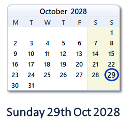 29 October 2028 calendar