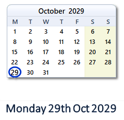 29 October 2029 calendar