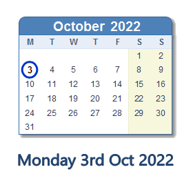 3 October 2022 Calendar With Holidays And Count Down Aus