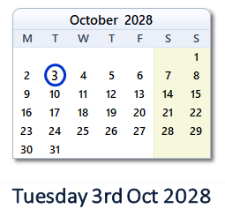 3 October 2028 calendar