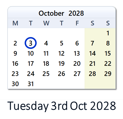 October Count October 3, 2028 Calendar with Holiday info and Count Down - IND