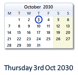 3 October 2030 calendar