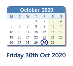 30 October 2020 calendar