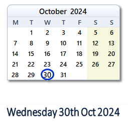 30 October 2024 calendar