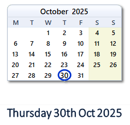 30 October 2025 calendar