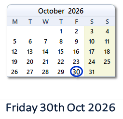 30 October 2026 calendar