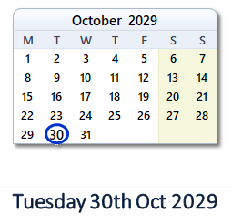 30 October 2029 calendar