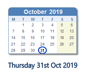 31 October 2019 calendar
