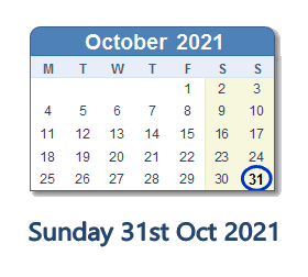 31 October 2021 calendar