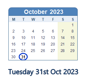 31 October 2023 calendar