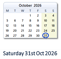 31 October 2026 calendar