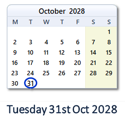 31 October 2028 calendar