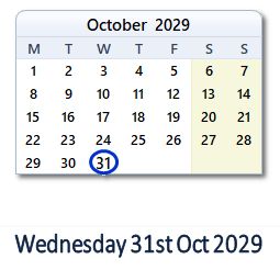 31 October 2029 calendar