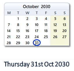 31 October 2030 calendar
