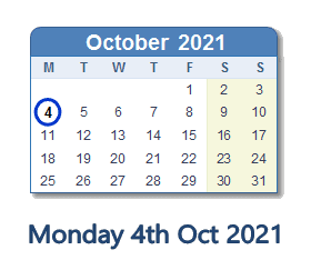 4 October 2021 calendar