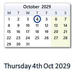 4 October 2029 calendar
