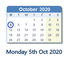 5 October 2020 calendar