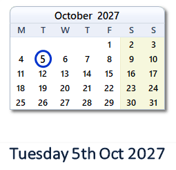 5 October 2027 calendar