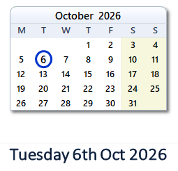 6 October 2026 calendar