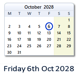 6 October 2028 calendar