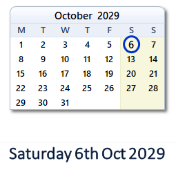 6 October 2029 calendar