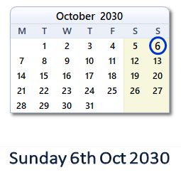 6 October 2030 calendar