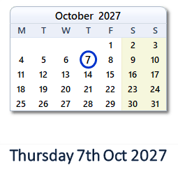 7 October 2027 calendar