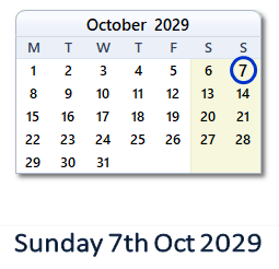 7 October 2029 calendar