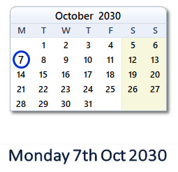 7 October 2030 calendar
