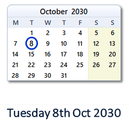8 October 2030 calendar