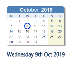 9 October 2019 calendar