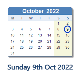 9 October 2022 calendar