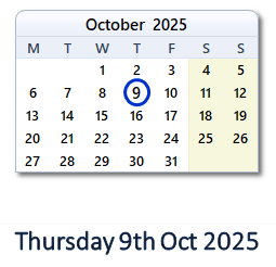 9 October 2025 calendar
