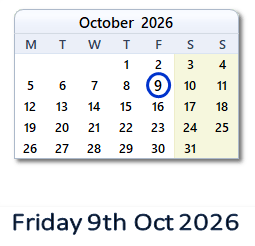 9 October 2026 calendar