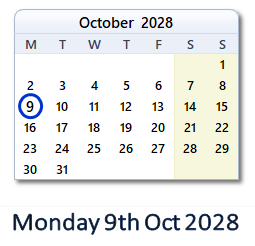 9 October 2028 calendar