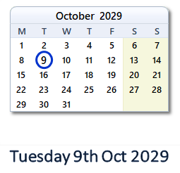 9 October 2029 calendar