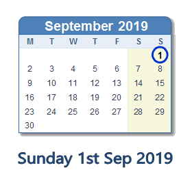 1 September 2019 calendar