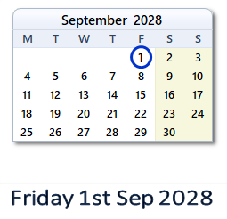 1 September 2028 calendar