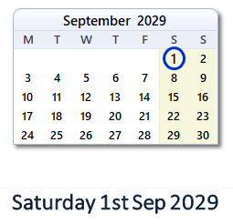 1 September 2029 calendar