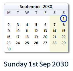 1 September 2030 calendar