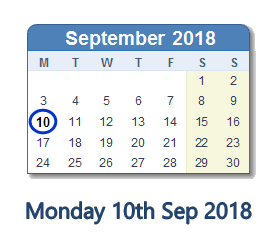 10 September 2018 calendar
