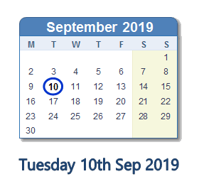 10 September 2019 calendar