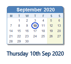 10 September 2020 calendar