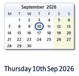 10 September 2026 calendar