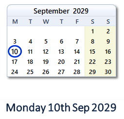 10 September 2029 calendar