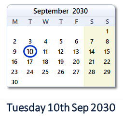 10 September 2030 calendar