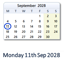 11 September 2028 calendar