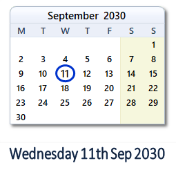 11 September 2030 calendar