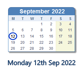 12 September 2022 calendar