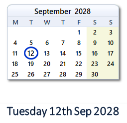 12 September 2028 calendar
